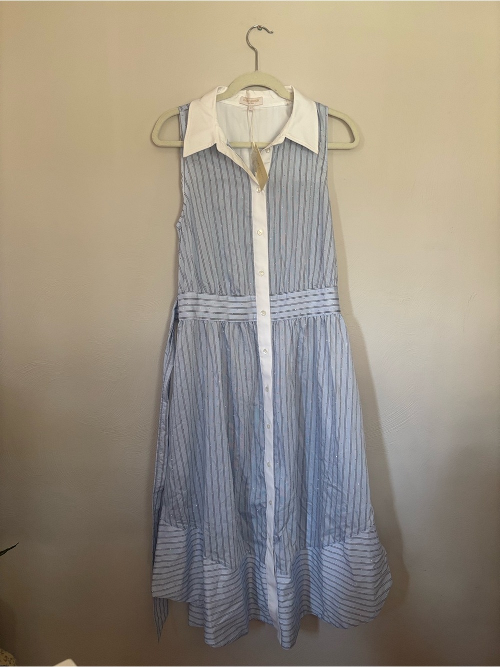 Ramy Brook Juniper Blue Stripe Button-Front Shirt Dress with White Collar